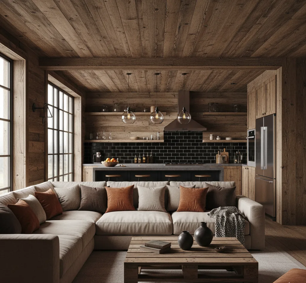 konsep design interior gaya rustic modern