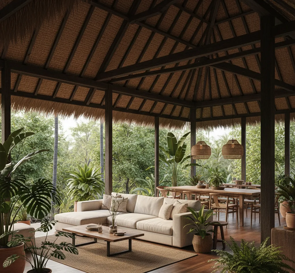 konsep design interior gaya tropis